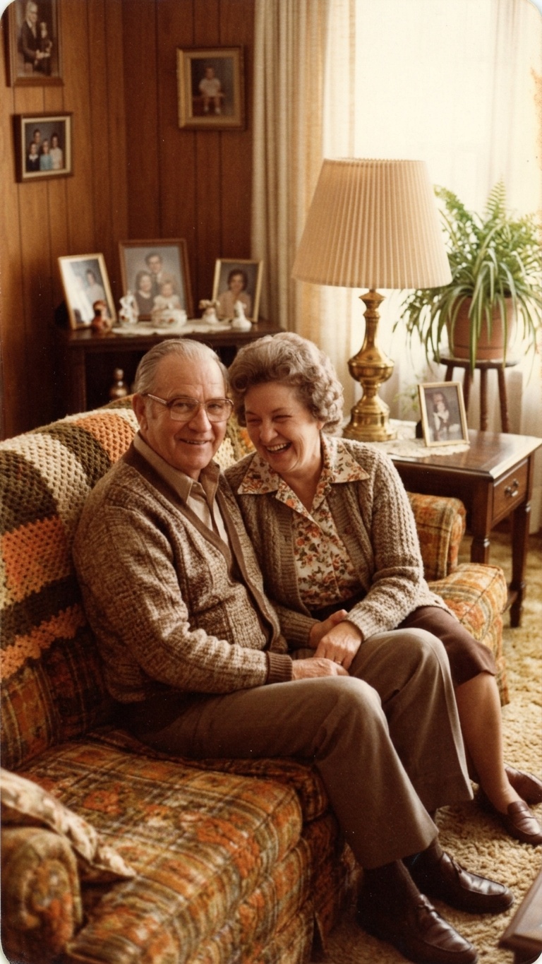 Исходное фото: пожилая пара на диване, стилизация под плёнку 1970-х